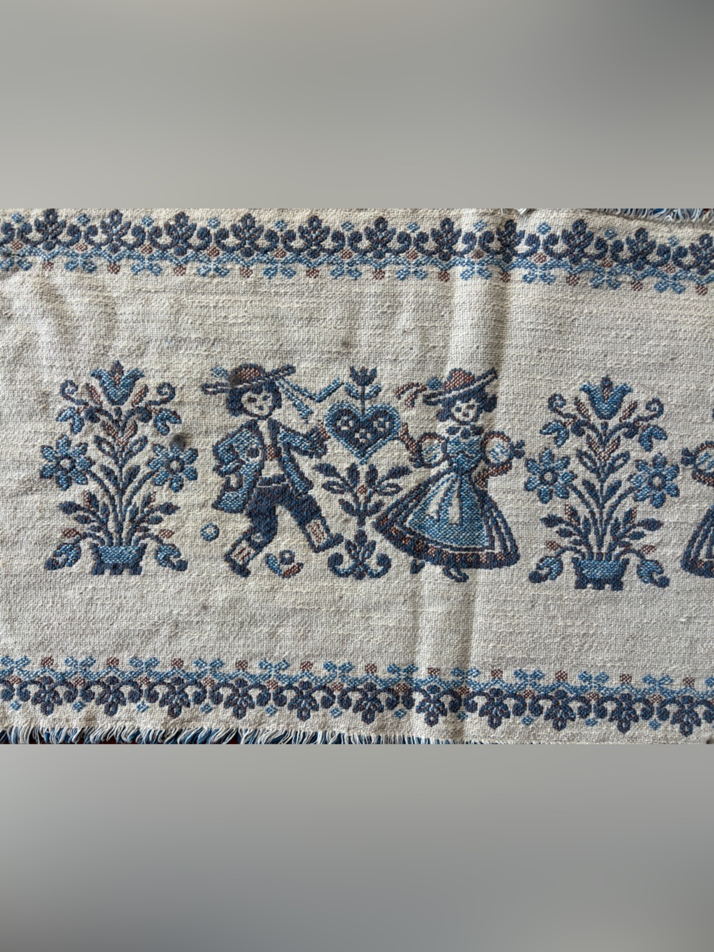 VTG Austrian Woven Folk Art Table Runner with Blue and Cream Motif 36” - Picture 4 of 5